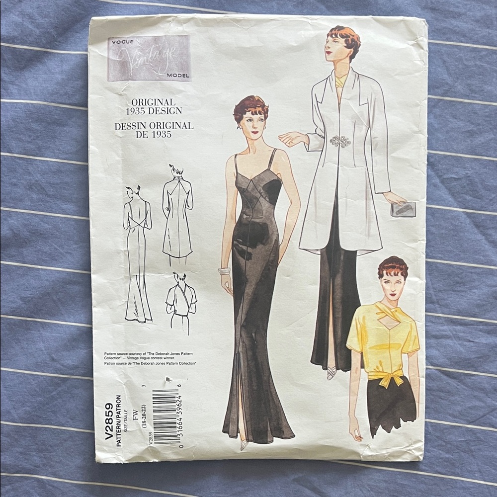 Vtg Vogue Uncut Pattern 1935 Repro Dress, Blouse and Jacket V2859 Size 18-20-22